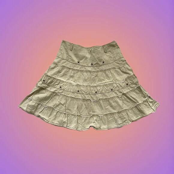 Midi Skirt L Cargo Tan Beige with Accent Metal Buttons & Ruffle Y2K Retro - Picture 1 of 1